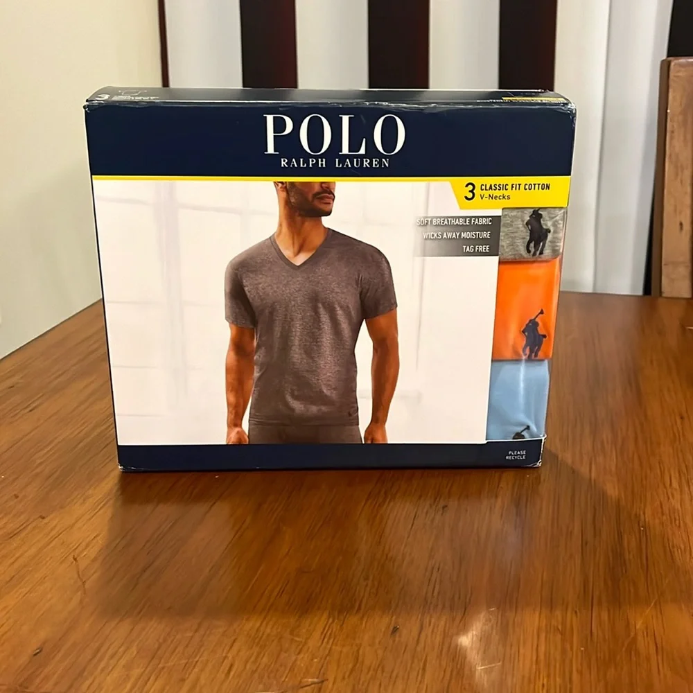 Polo Ralph Lauren V Neck t shirts x 3 Classic Fit grey orange blue Mens Sz Large